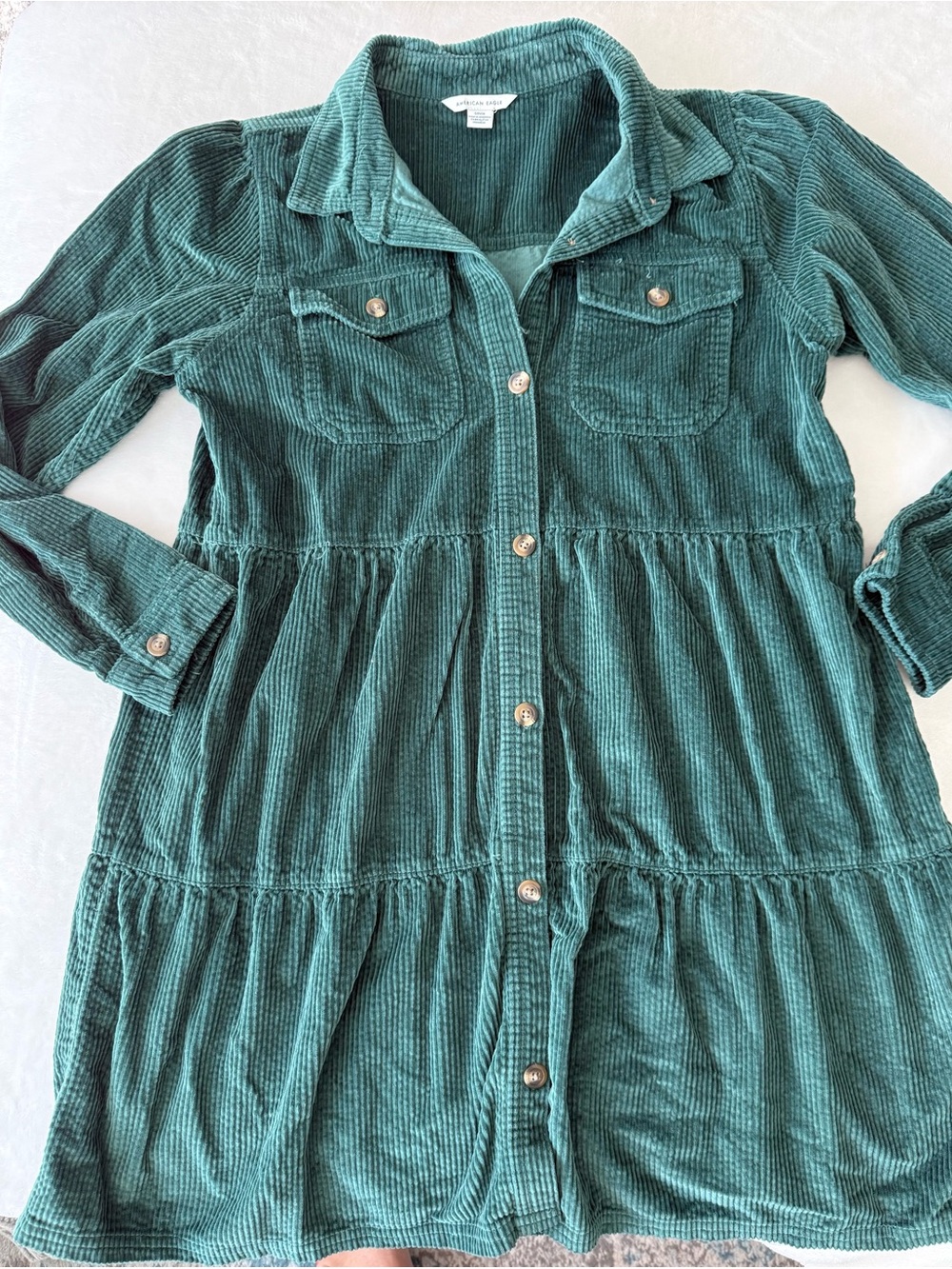 American Eagle Green Corduroy Button-Up Babydoll Shirt Dress Small D88
